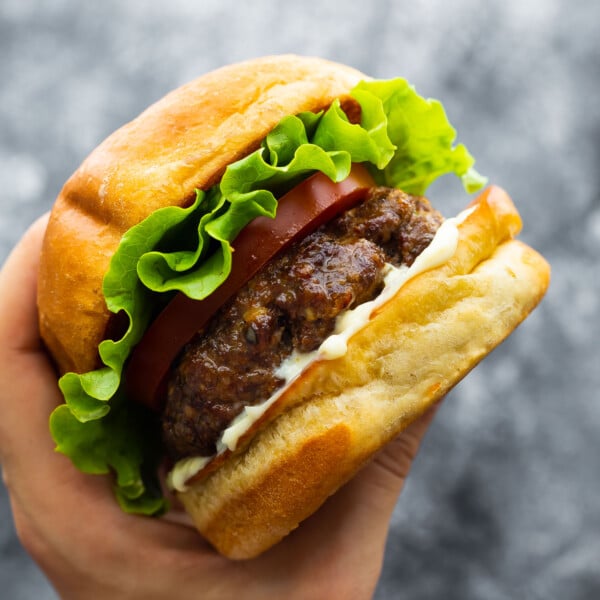 hand holding air fryer burger