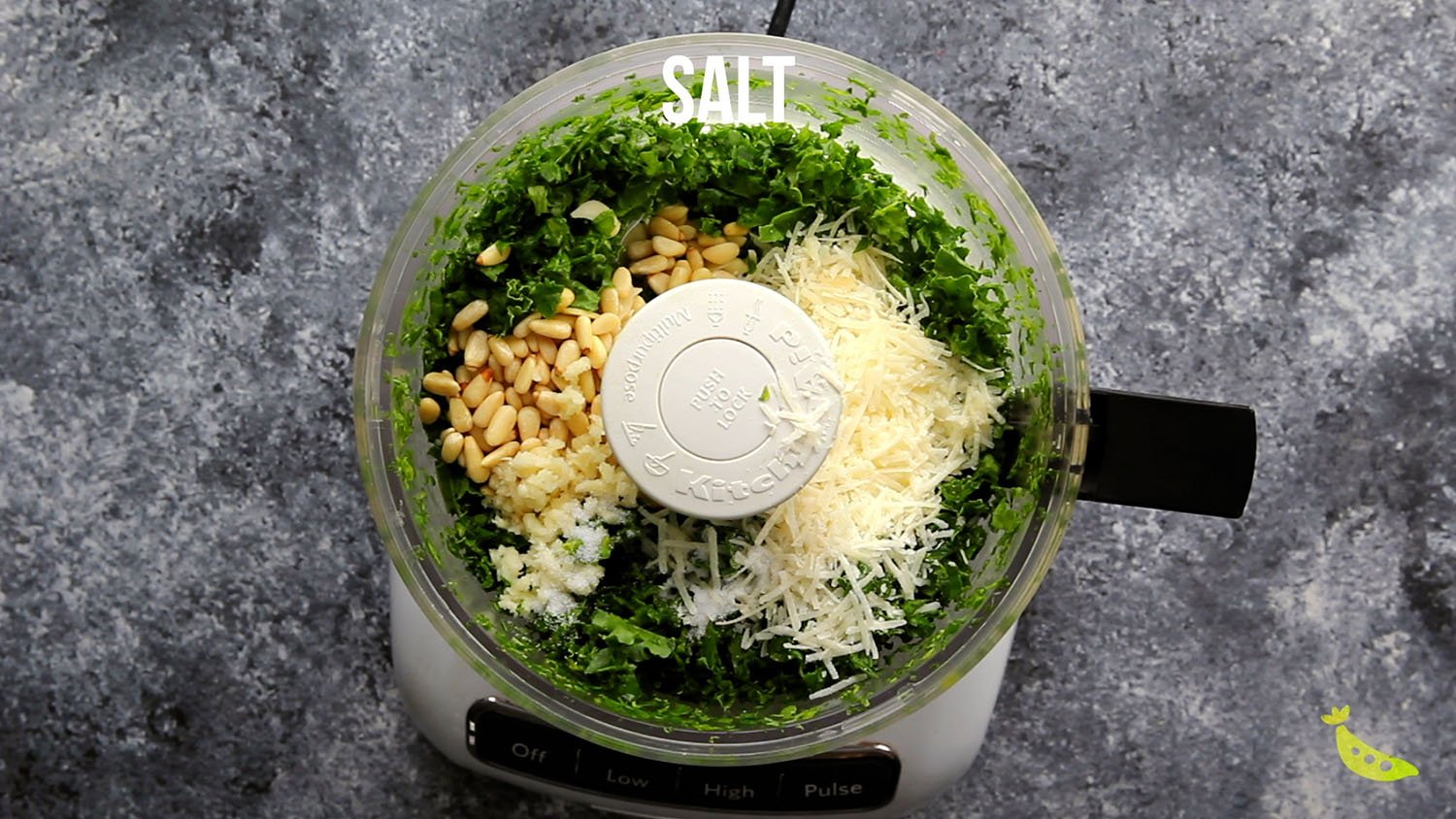 ingredients for kale pesto in the food processor