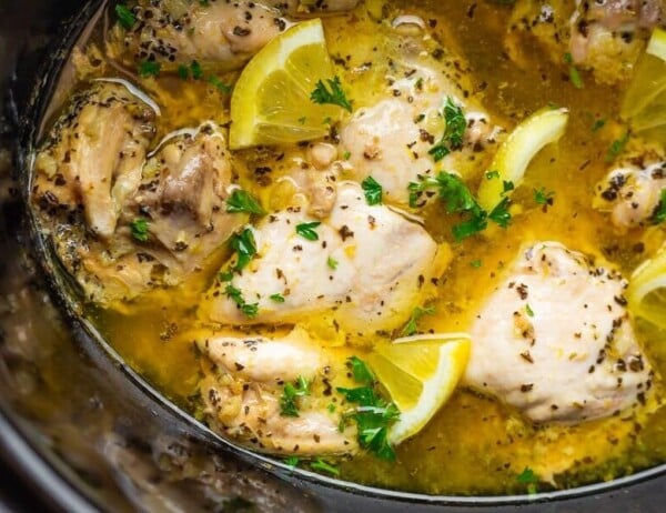 close up shot of slow cooker lemon garlic chicken thighs