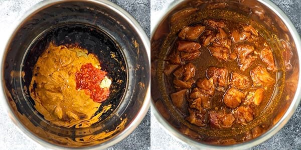 collage image showing which order to add ingredients to instant pot for spicy peanut noodles