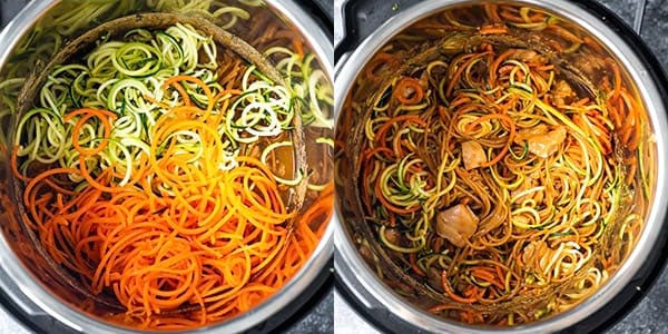 collage image showing before and after adding spiralized vegetables to the instant pot