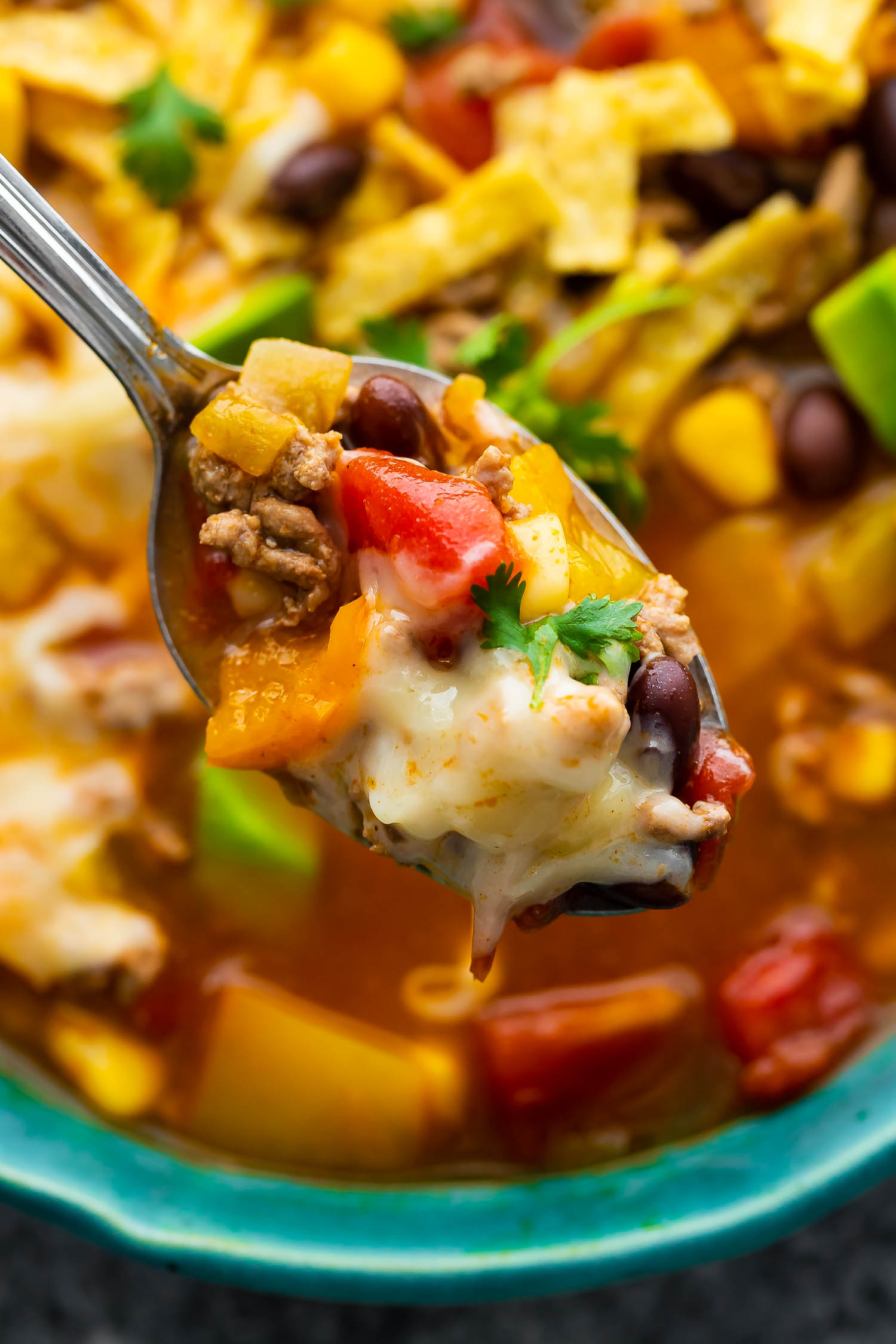 close up shot of instant pot taco soup on spoon
