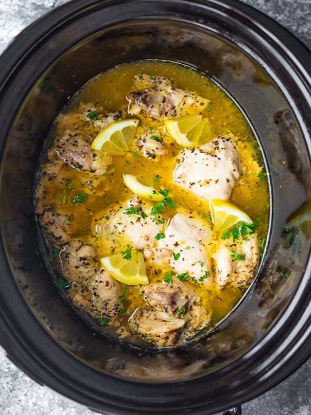 Slow Cooker Lemon Garlic Chicken Thighs - Sweet Peas and Saffron