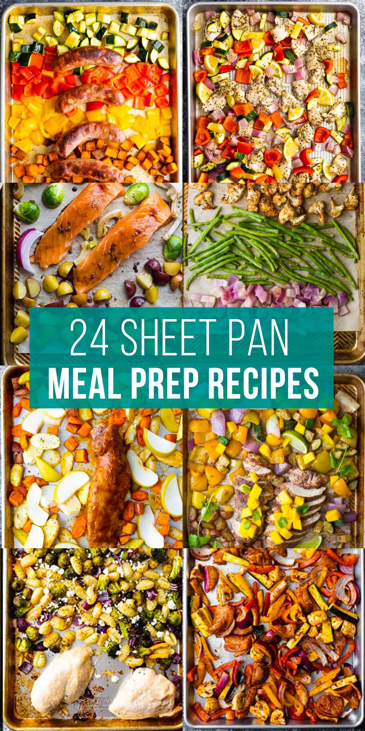 image graphic with text reading: 24 sheet pan meal prep recipes