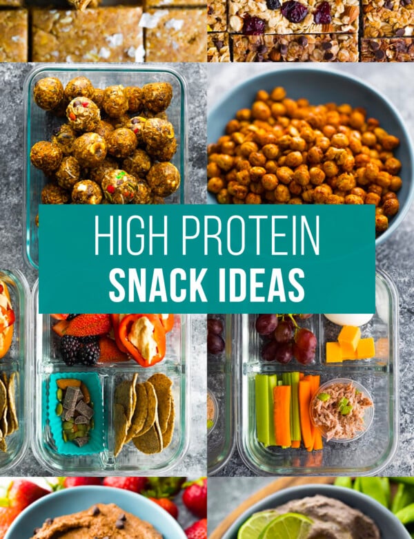meal prep friendly high protein snack ideas. Graphic with 8 snack images; text reads high protein snack ideas
