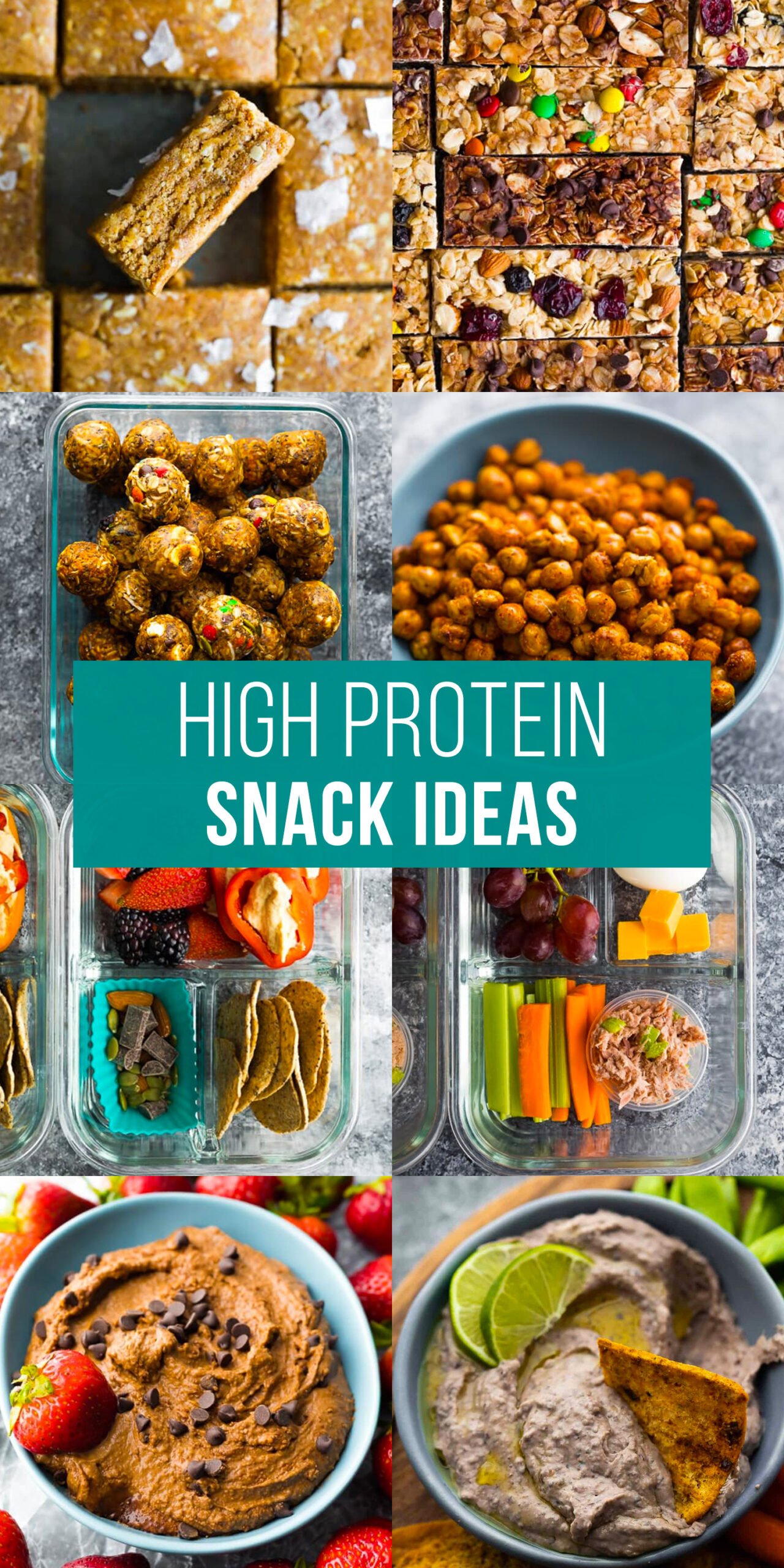 meal prep friendly high protein snack ideas. Graphic with 8 snack images; text reads high protein snack ideas