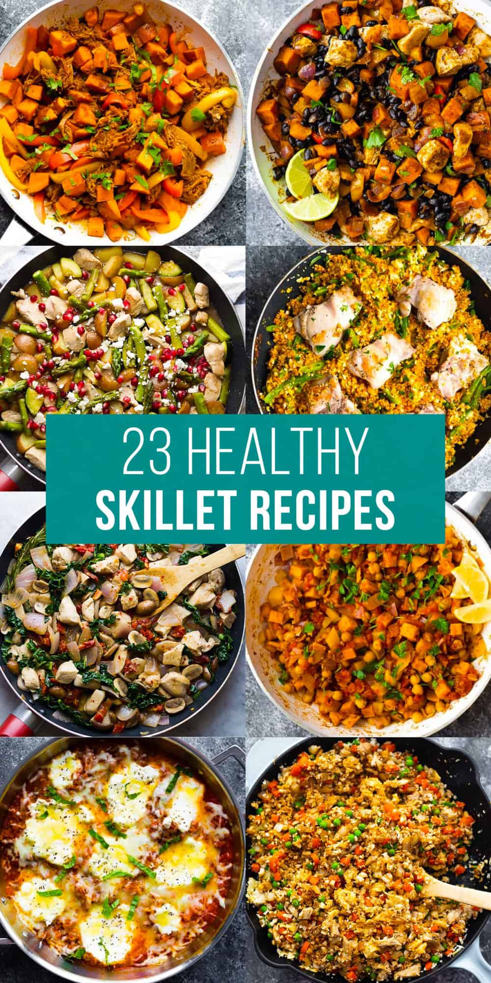 image graphic with text: 23 healthy skillet recipes