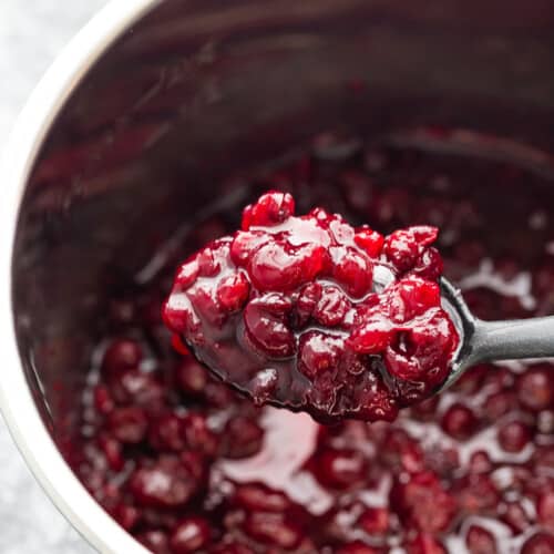 cranberry sauce on spoon lifted out of instant pot