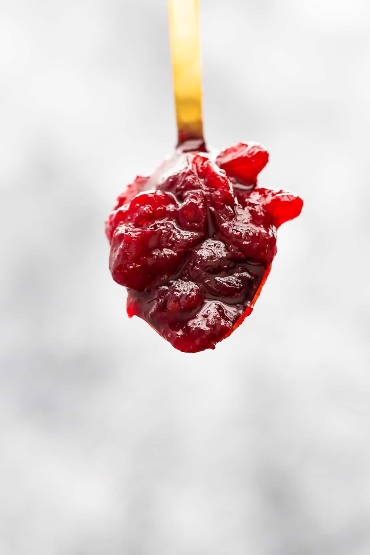 close up shot of cranberry sauce on spoon