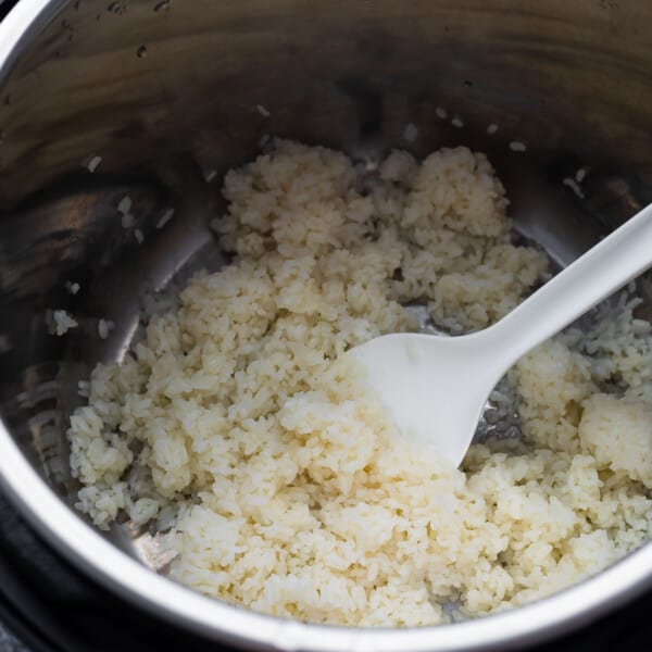 close up view of sushi rice in the instant pot after cooking