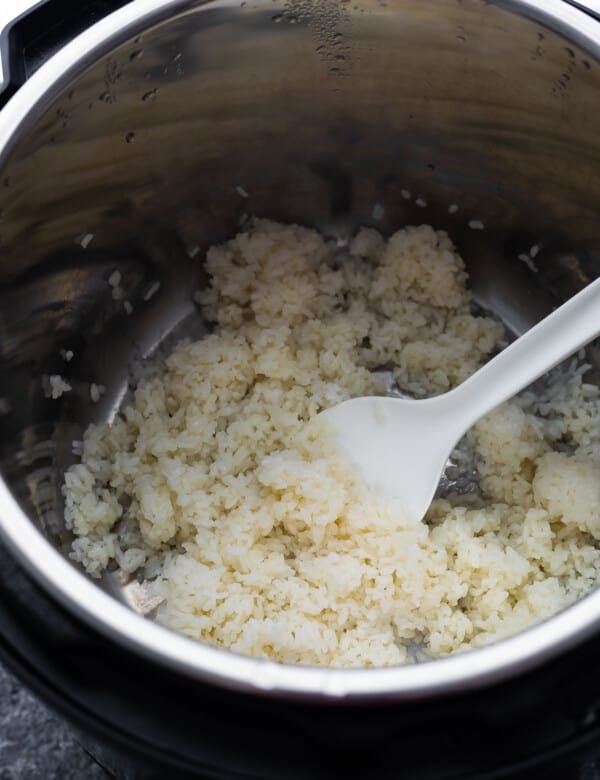 close up view of sushi rice in the instant pot after cooking