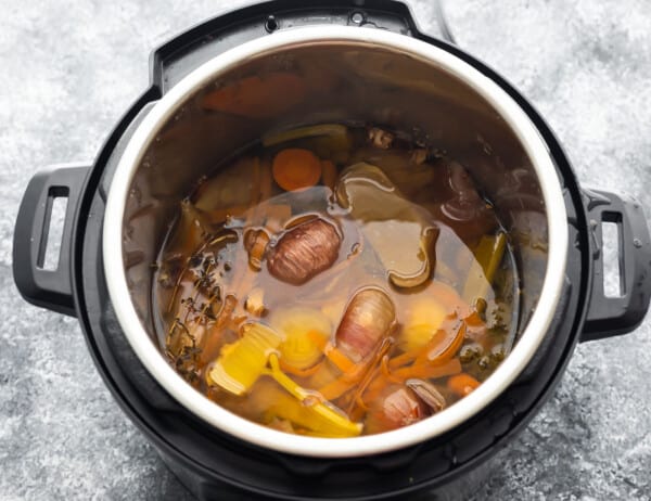 vegetable stock ingredients in instant pot after cooking