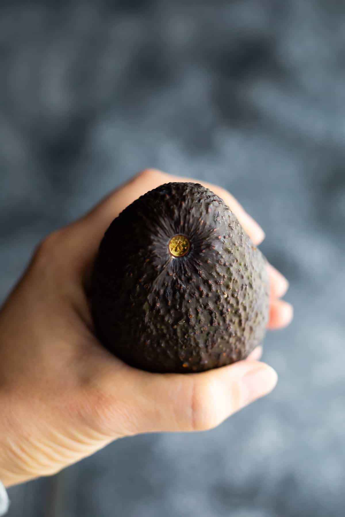 hand holding avocado, stem removed