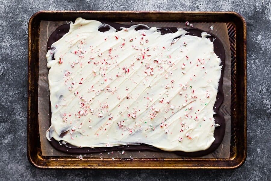 peppermint bark on baking tray from above