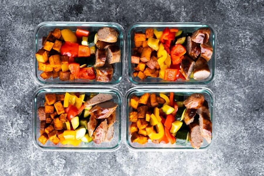 overhead view of Sheet Pan Breakfast Bake in four meal prep containers