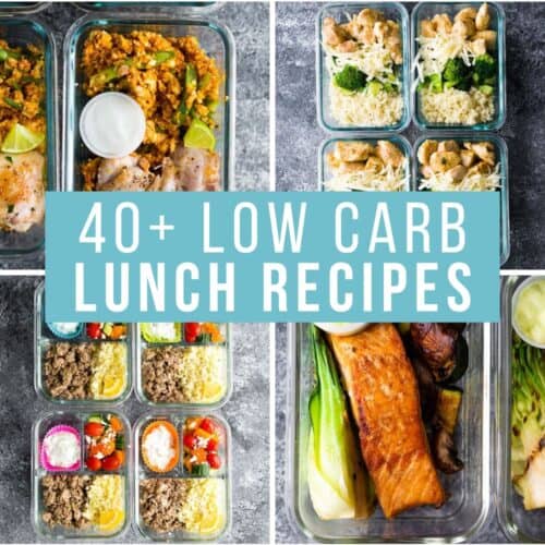 composite image with text: 23 low carb lunch recipes. Image shows 8 overhead photos of low carb lunches in glass meal prep containers