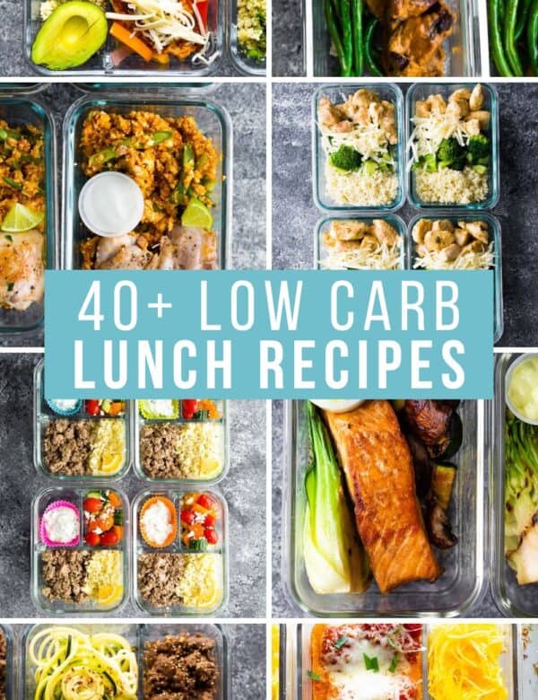 composite image with text: 23 low carb lunch recipes. Image shows 8 overhead photos of low carb lunches in glass meal prep containers