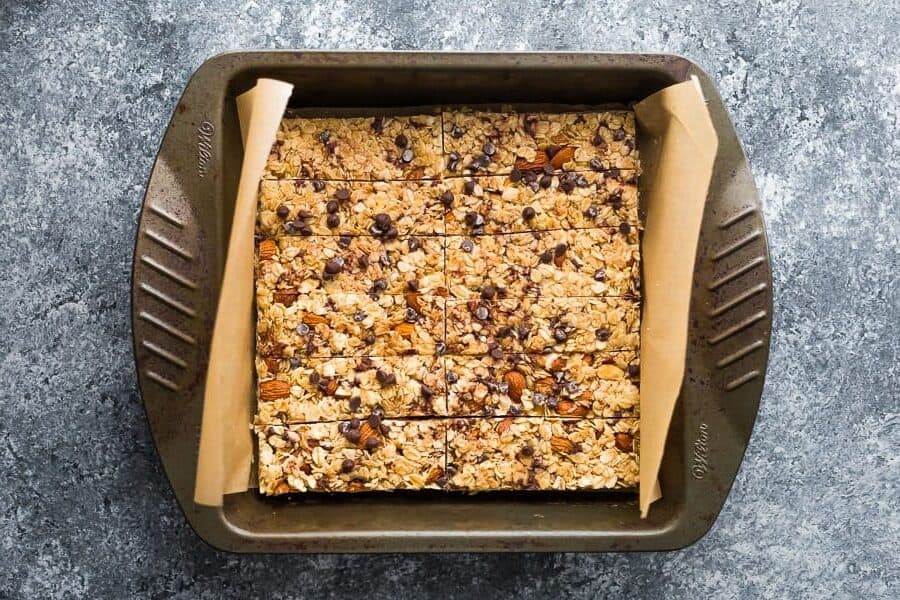 chocolate chip granola bars in baking pan from overhead
