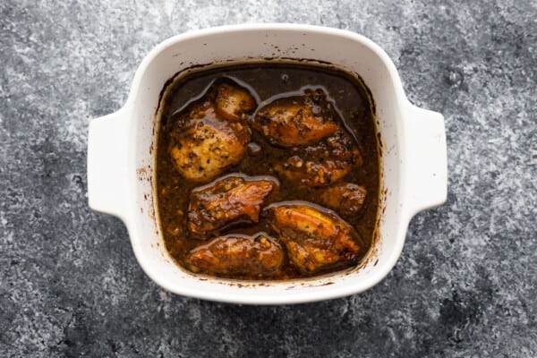 baked balsamic chicken in baking dish