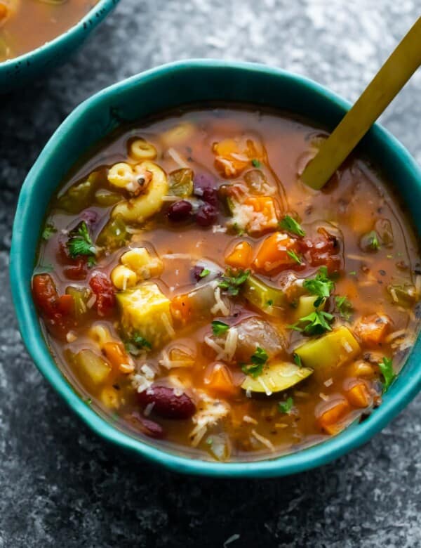 close up view of instant pot minestrone in blue bowl