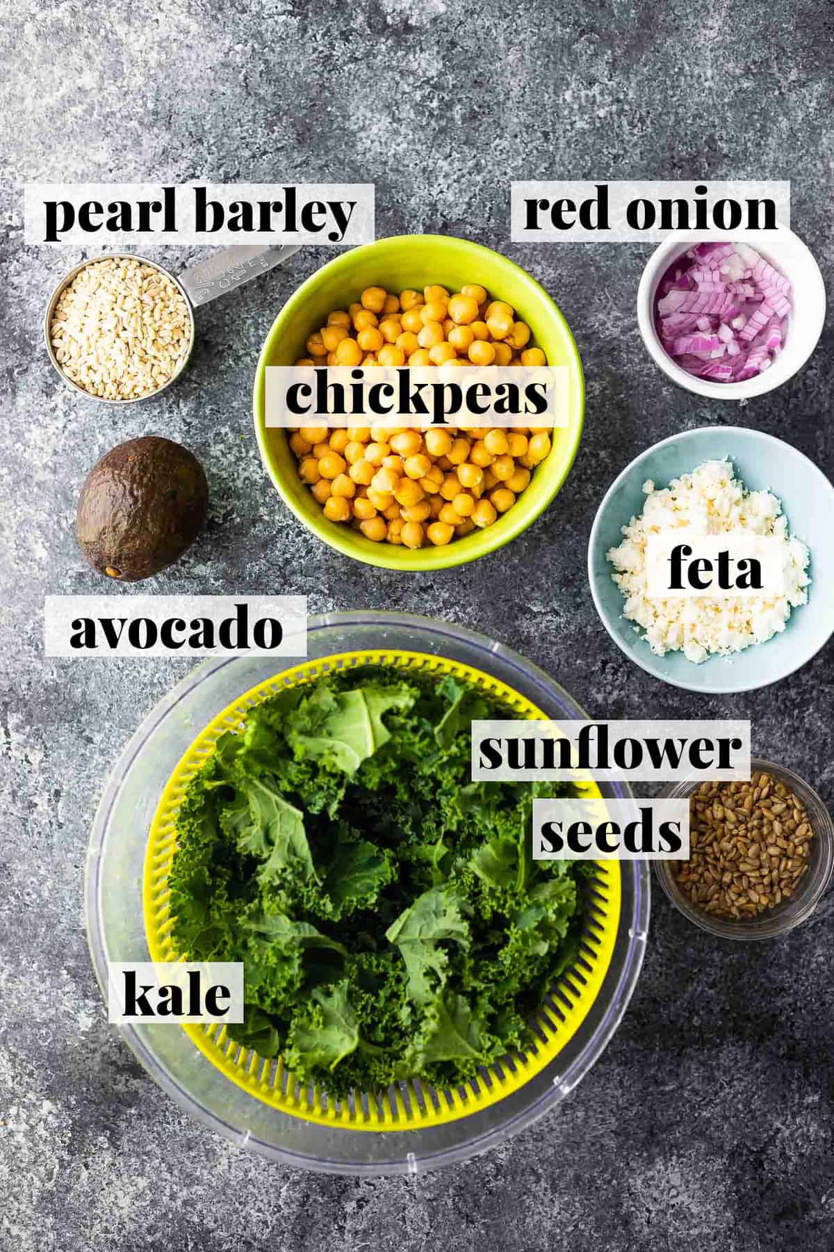 overhead view of ingredients required for kale and chickpea barley salad