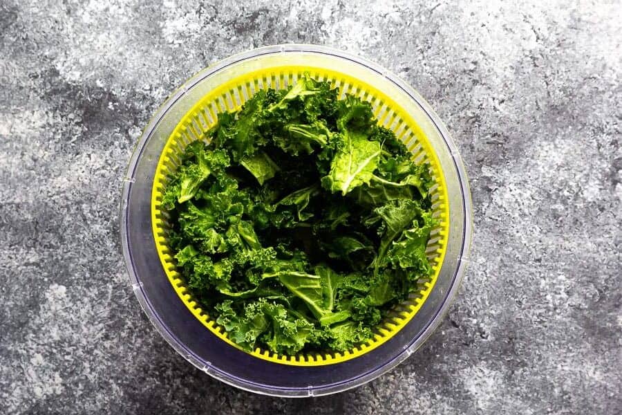 kale in salad spinner from overhead