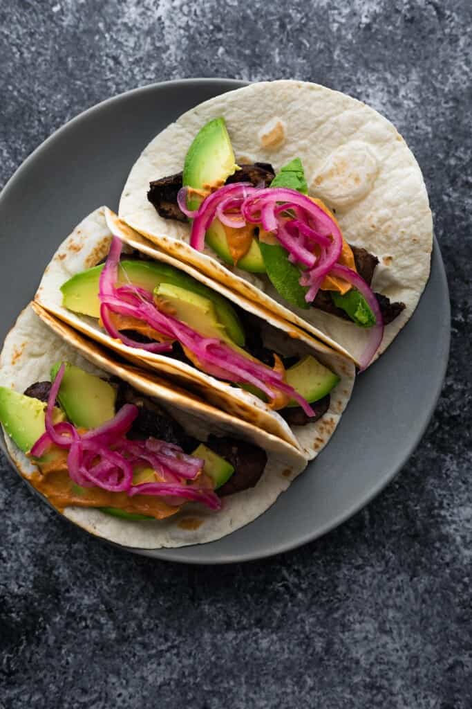 overhead shot of roasted portobello tacos