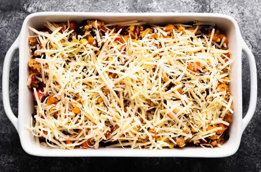 spaghetti squash casserole before baking with cheese