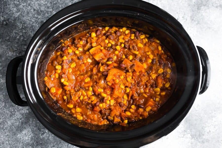 vegan chili in slow cooker after cooking
