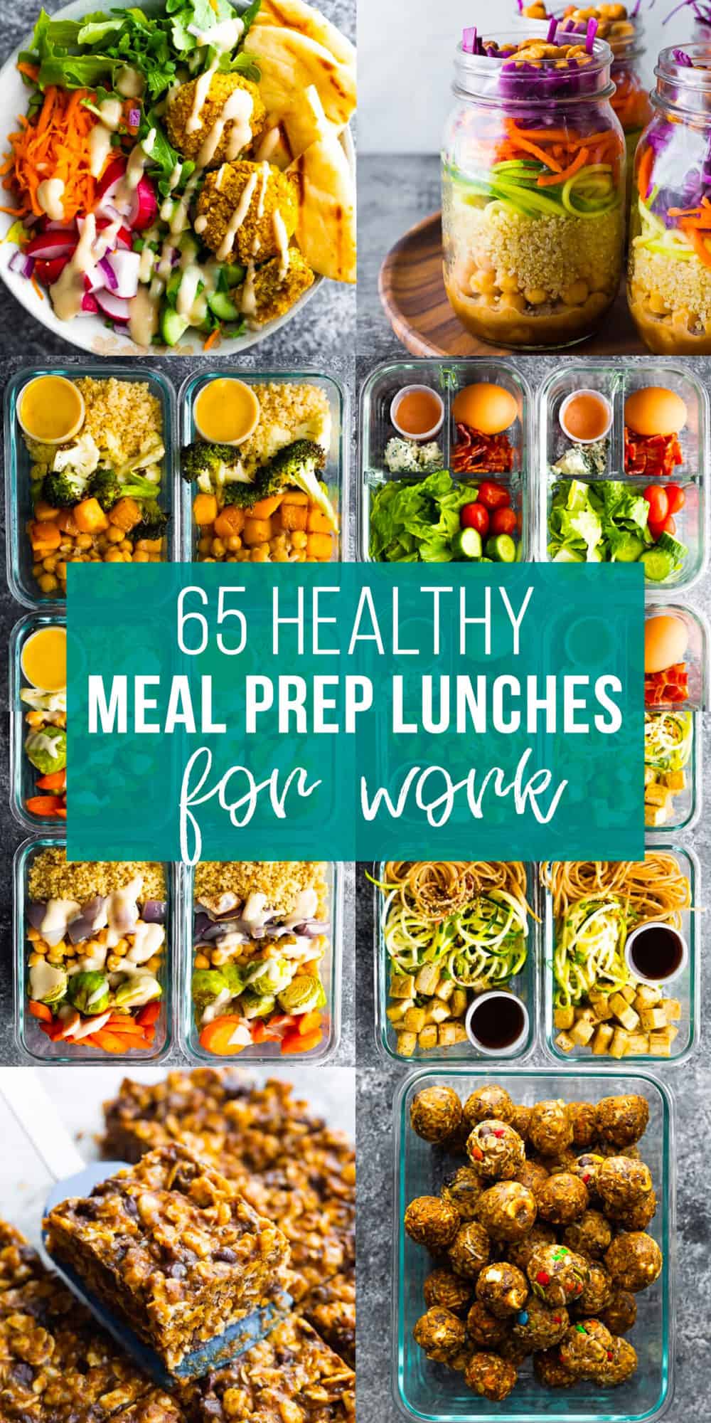 65 healthy meal prep lunches composite image with bento box lunches, salad jars, falafel salad, energy bites, and no bake snack bars