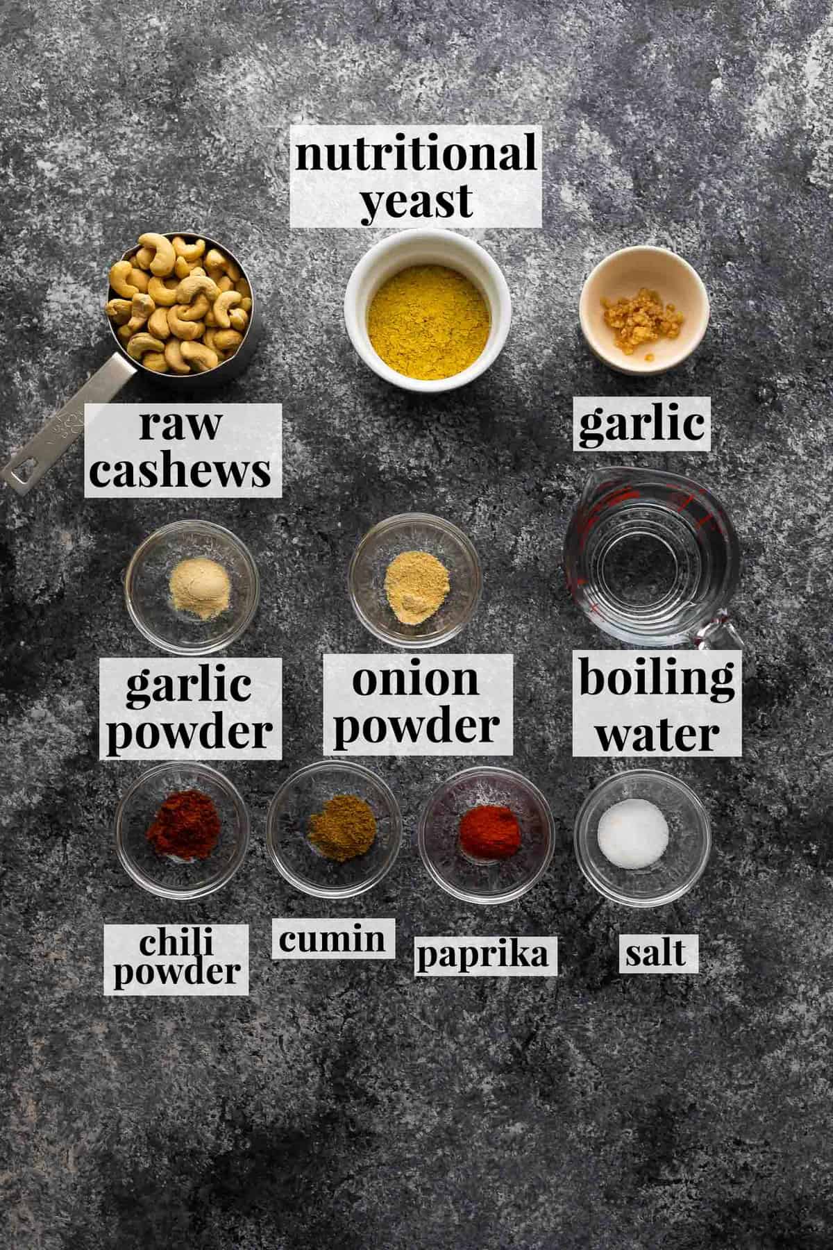 ingredients (labelled) required to make cashew queso