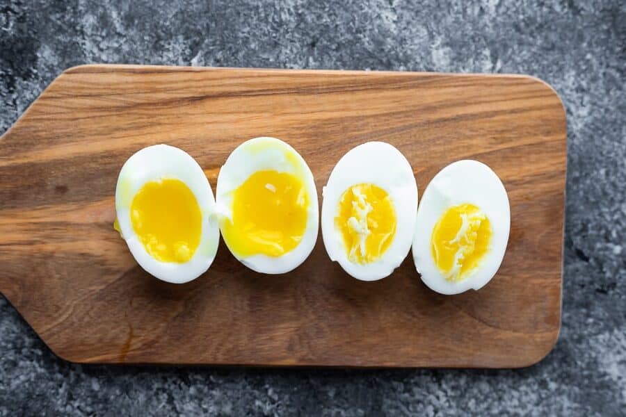hard boiled eggs sliced in half from overhead