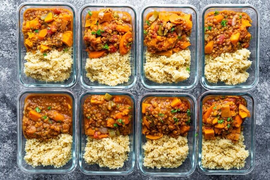 8 portions of instant pot lentils in meal prep containers from overhead