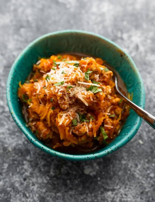 overhead view of instant pot spaghetti squash and meatsauce in bowl