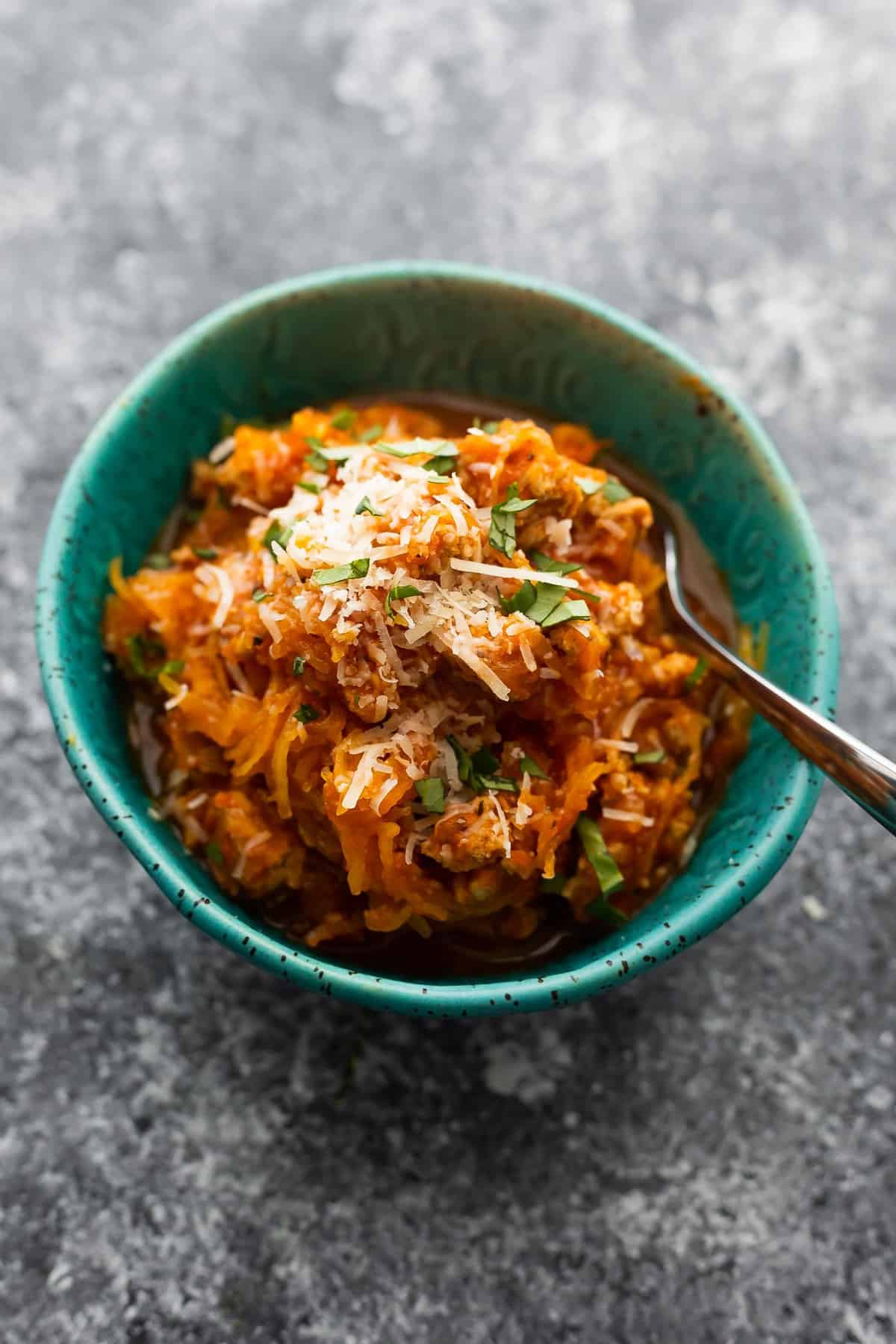 overhead view of instant pot spaghetti squash and meatsauce in bowl