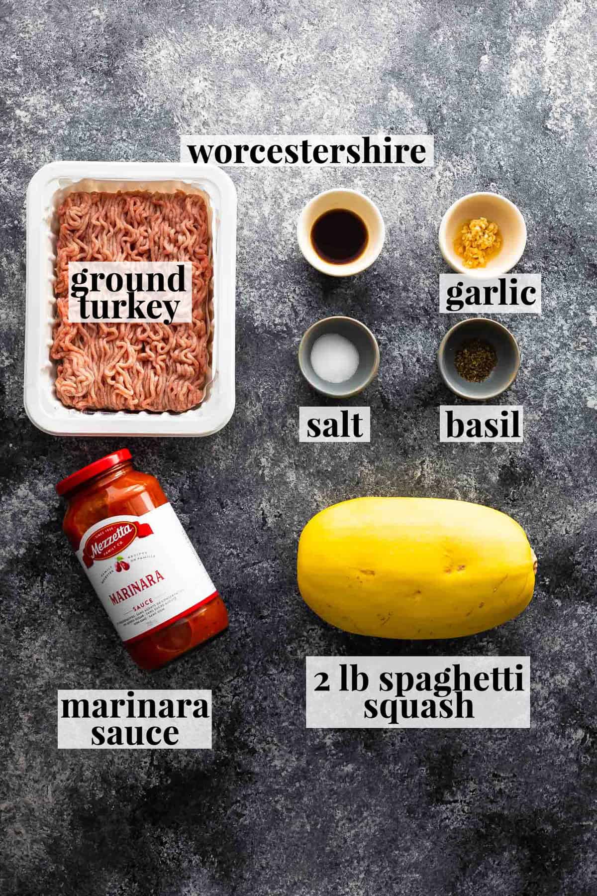 ingredients (labelled) required to make instant pot spaghetti squash and meatsauce