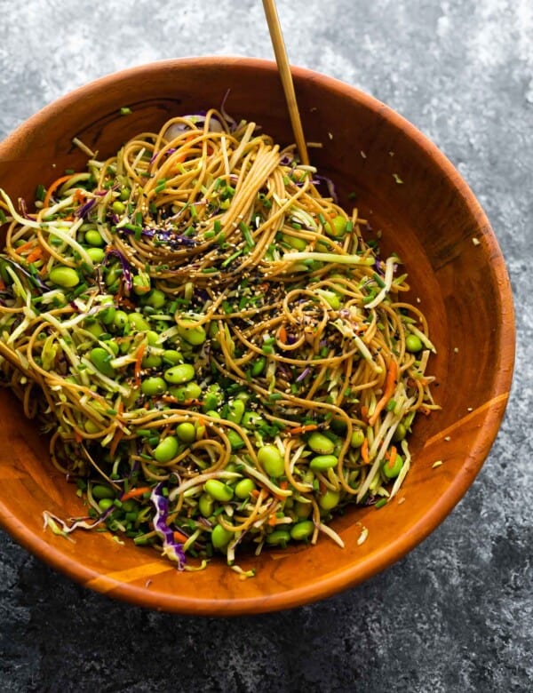 edamame sesame noodles in salad bowl
