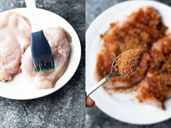 collage image showing how to season chicken with olive oil and spice rub