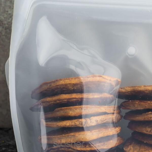 frozen pancakes stacked in a silicone bag