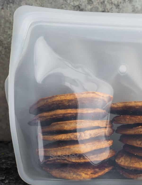 frozen pancakes stacked in a silicone bag