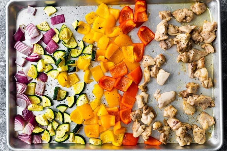 roasted chicken and vegetables on sheet pan from overhead