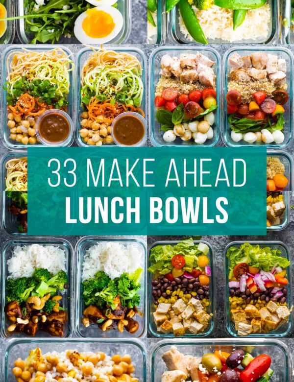 collage image with text: 33 make ahead lunch bowls