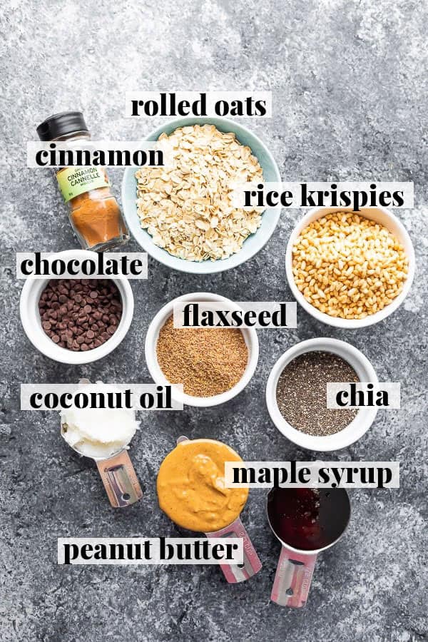 ingredients for no bake snack bars in bowls from overhead