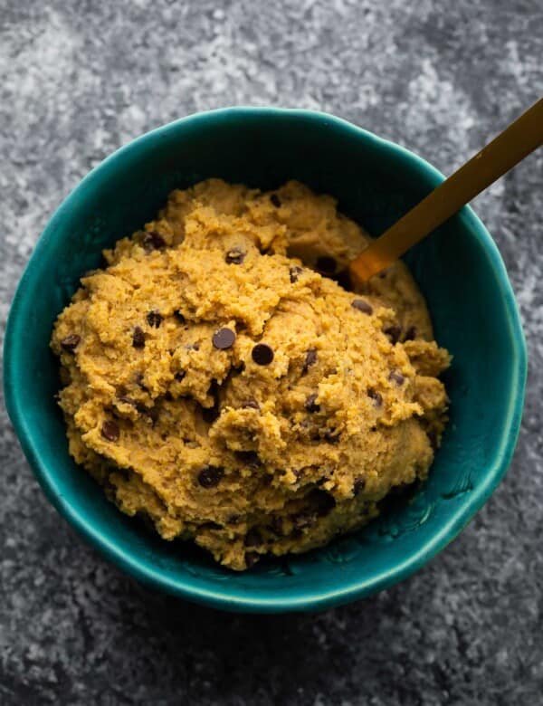 Chickpea Cookie Dough served blue bowl