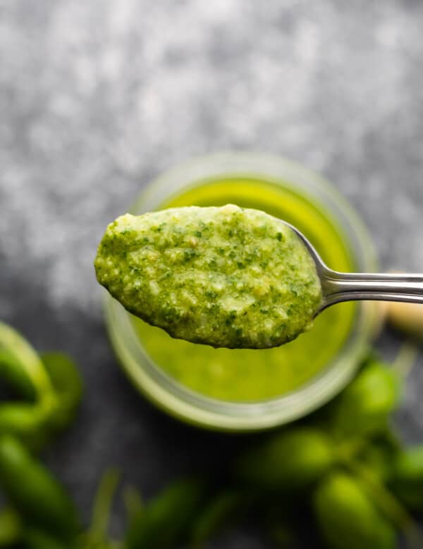 Classic Basil Pesto closeup on spoon