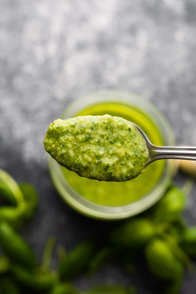 Classic Basil Pesto closeup on spoon