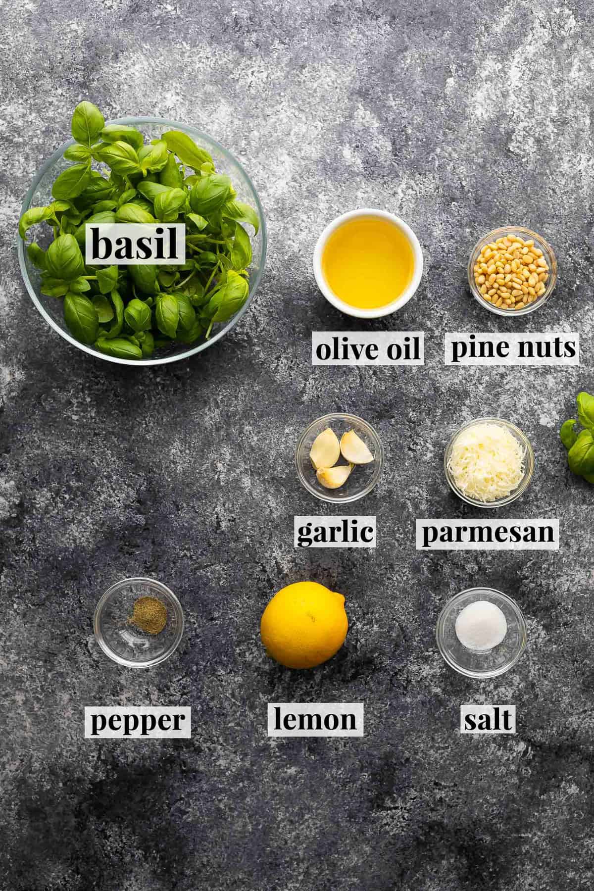 overhead shot of ingredients required to make classic basil pesto