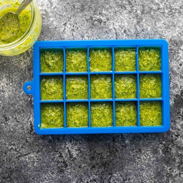 Overhead shot of Classic Basil Pesto in Ice Cube Tray before freezing