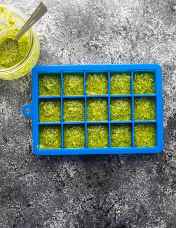 Overhead shot of Classic Basil Pesto in Ice Cube Tray before freezing