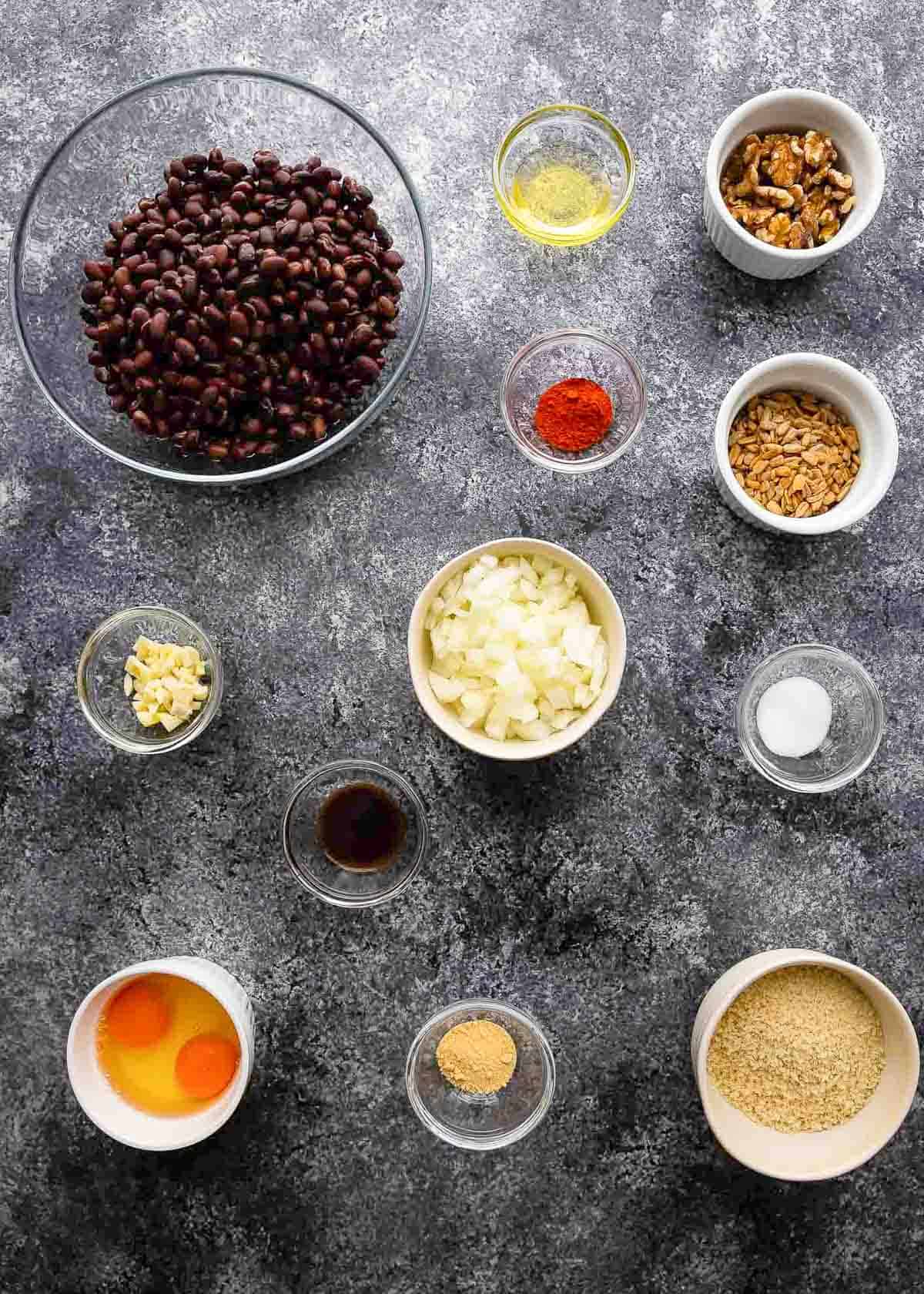 an overhead shot of the ingredients for black bean burgers